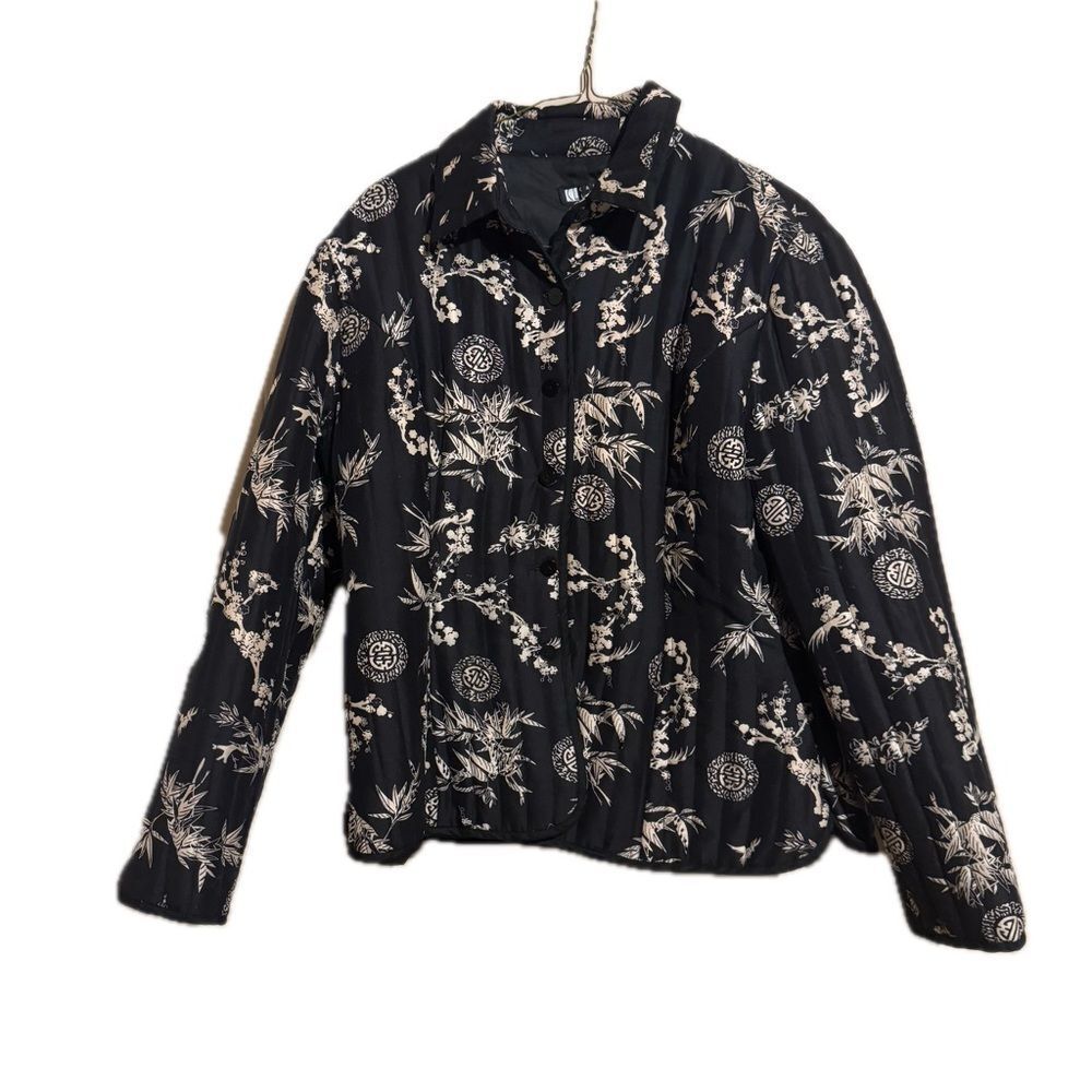 VTG %100 Silk Quilted Puff‎ Bomber Floral Black Jacket Women XL Carole Little
